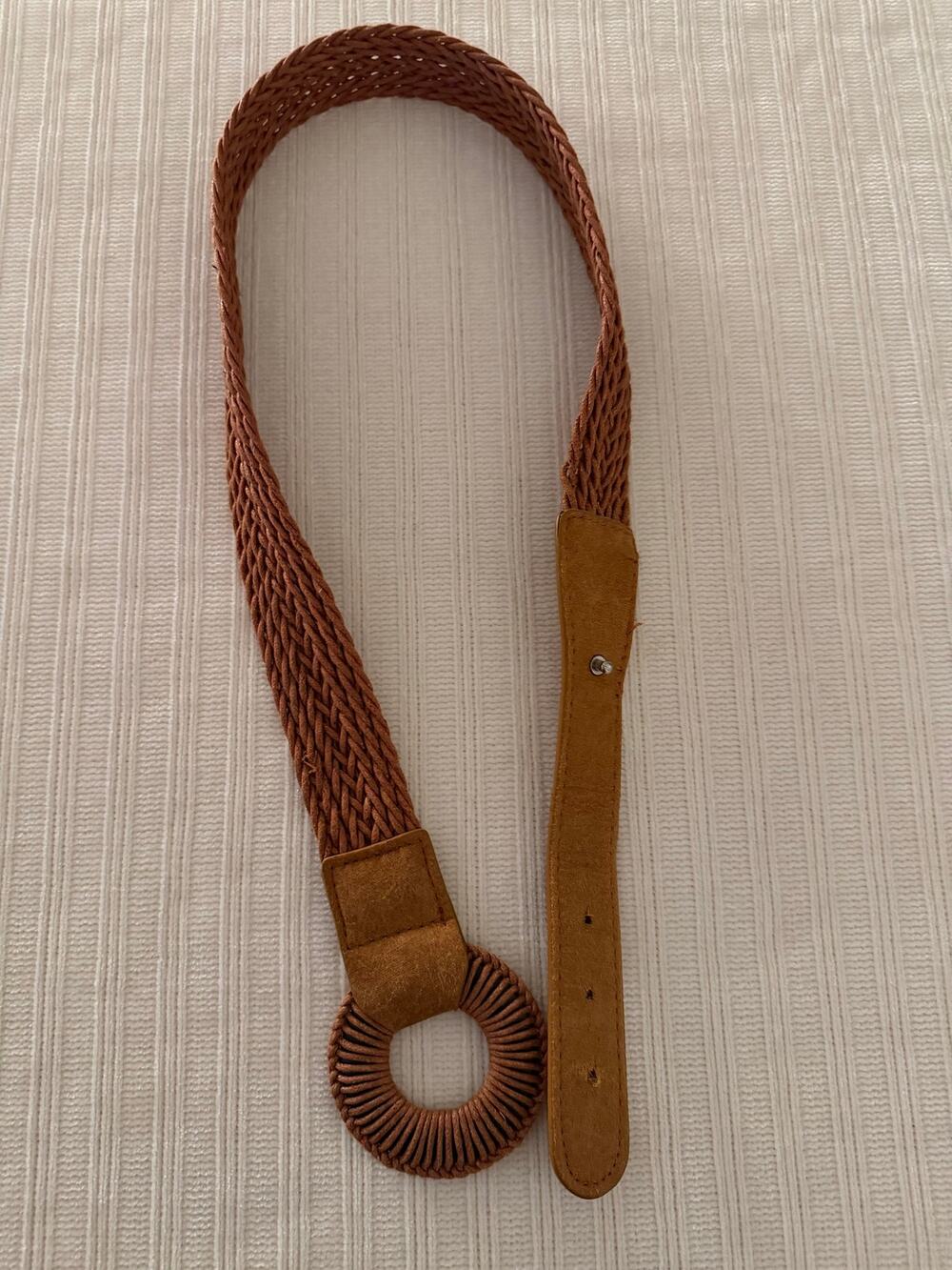 Boho Tan Woven Straw Braided Stretch Belt with Round Buckle